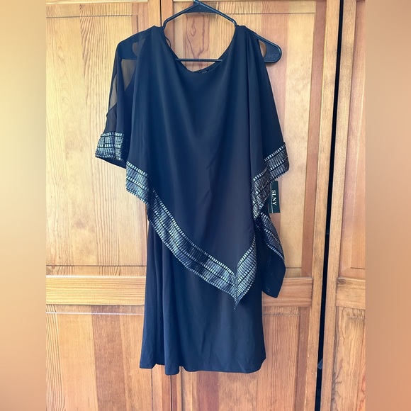 sl fashions metallic-trim capelet sheath dress Sl Fashions Metallic-trim Capelet Sheath Dress In Coronet Blue